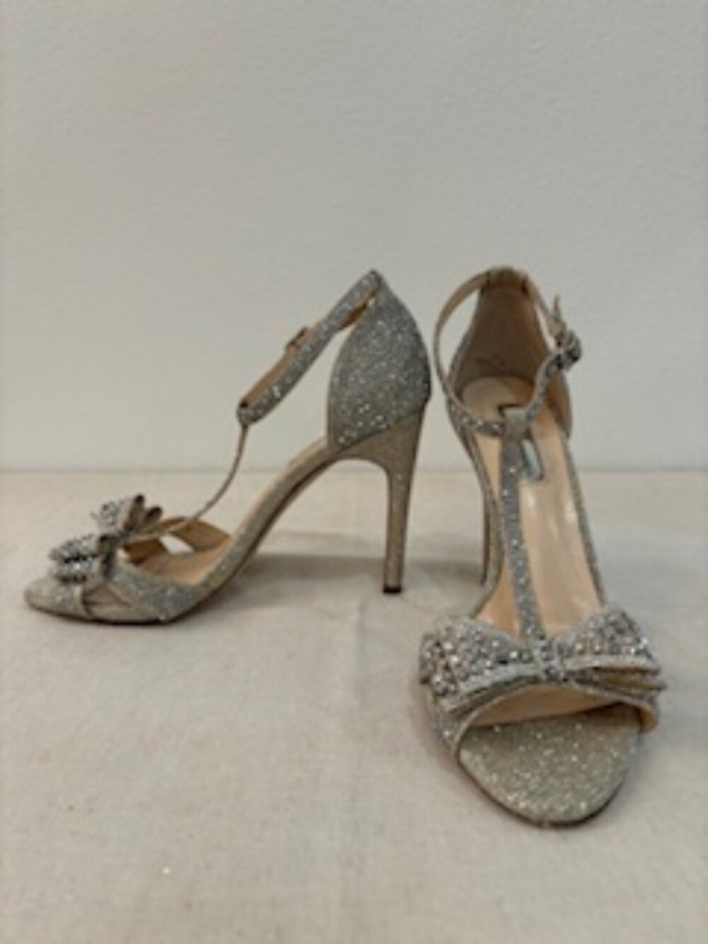 INC International Silver Rhinestone Open Toe High Heel with Bows - Size 8.5 - Picture 1 of 5